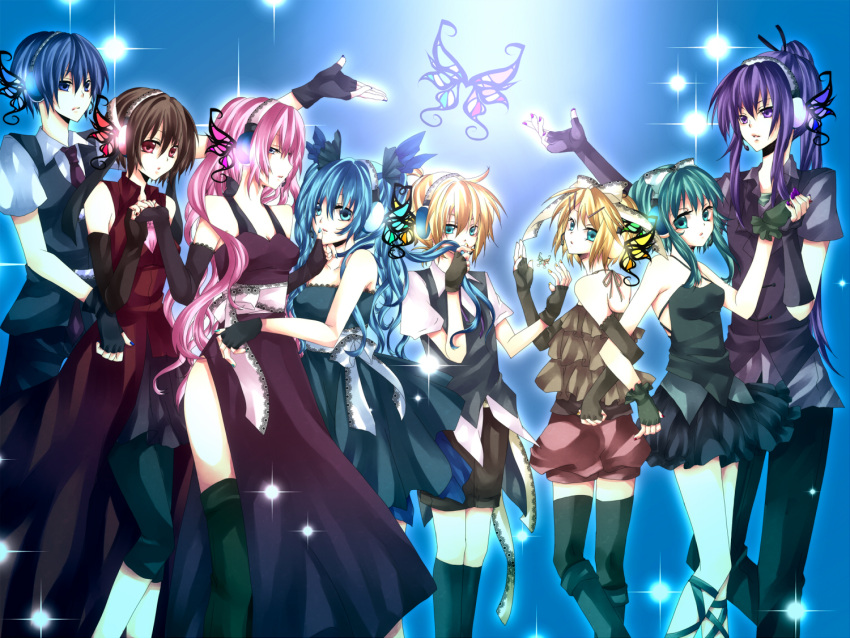 3boys 5girls bug butterfly commentary_request dress elbow_gloves fingerless_gloves formal gloves green_hair gumi hatsune_miku headphones holding_hands kagamine_len kagamine_rin kaito_(vocaloid) kamui_gakupo magnet_(vocaloid) md5_mismatch megurine_luka meiko_(vocaloid) multiple_boys multiple_girls thighhighs vocaloid yoitsukishin