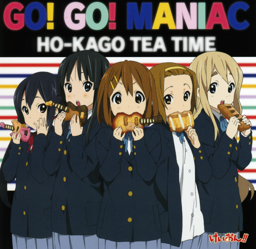 5girls akiyama_mio black_hair blazer blonde_hair blue_eyes brown_eyes brown_hair cookie cover eating food food_art go!go!_maniac grey_eyes hairband highres hime_cut hirasawa_yui horiguchi_yukiko jacket k-on! kotobuki_tsumugi long_hair multiple_girls nakano_azusa official_art sakuragaoka_high_school_uniform scan scan_artifacts school_uniform short_hair skirt tainaka_ritsu twintails