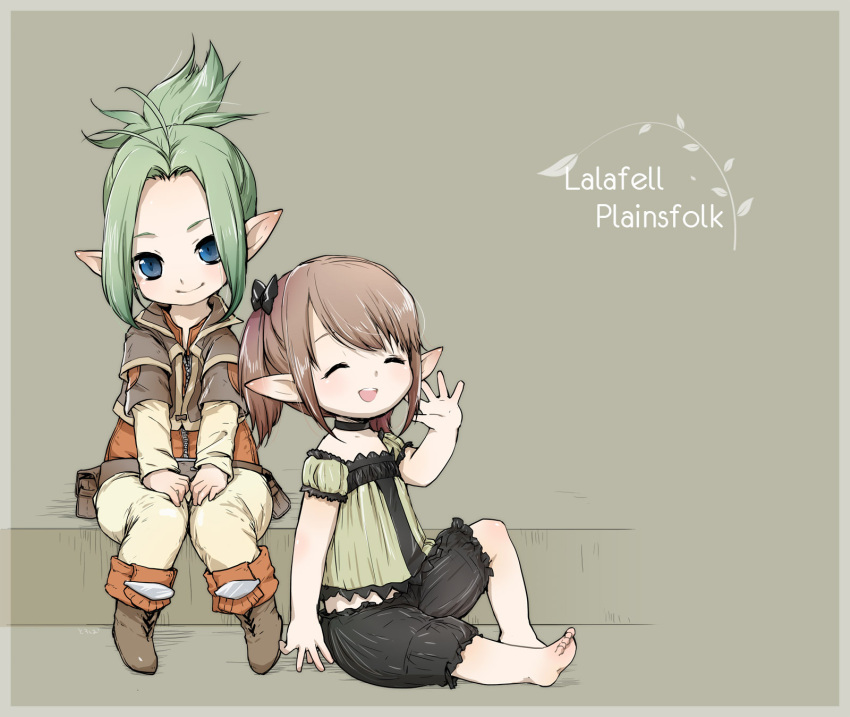 2girls :d ^_^ bad_id bad_pixiv_id barefoot bloomers blue_eyes blush boots bow brown_hair character_name choker closed_eyes final_fantasy final_fantasy_xiv folded_ponytail green_hair hairbow head_tilt highres knees_together_feet_apart lalafell looking_at_viewer multiple_girls open_mouth photoshop_(medium) pointy_ears sidelocks sitting smile toroshio twintails underwear warrior_of_light_(ff14) waving