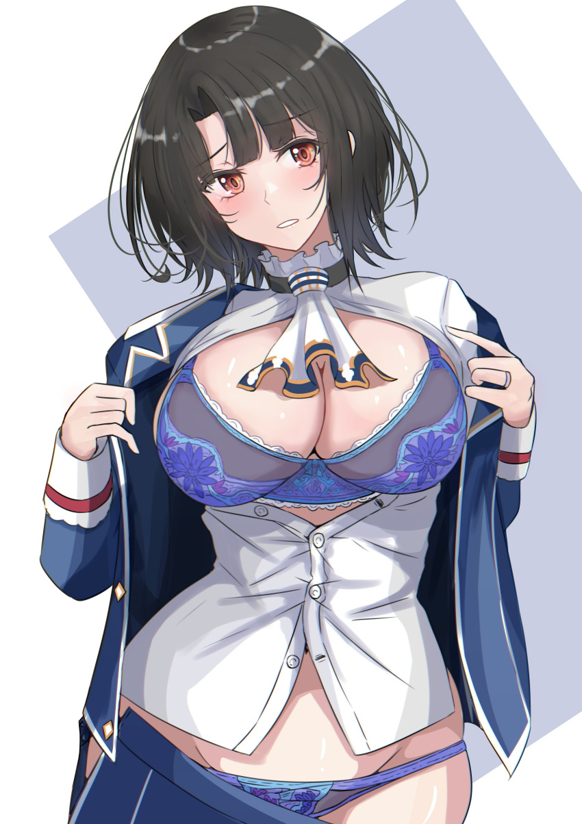 absurdres ascot beret black_hair blue_bra blue_panties blush bra breasts cowboy_shot female hat highres jacket kantai_collection ken_(shutenndouji1) large_breasts long_sleeves looking_at_viewer military military_uniform open_clothes open_jacket open_shirt panties red_eyes short_hair smile solo takao_(kancolle) underwear uniform white_background