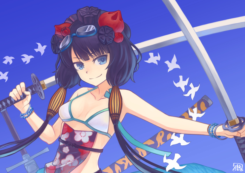 bikini black_hair blue_background closed_mouth collarbone dual_wielding fate/grand_order fate_(series) female goggles goggles_on_head hair_ornament hibun_tsukasa highres holding katsushika_hokusai_(fate) katsushika_hokusai_(swimsuit_saber)_(fate) looking_at_viewer smile solo swimsuit twintails white_bikini