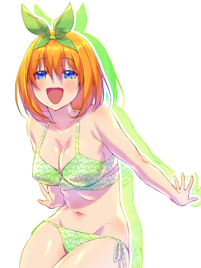 arms_at_sides bikini blue_eyes blush breasts cleavage collarbone cowboy_shot female floral_print go-toubun_no_hanayome green_bikini green_ribbons hair_between_eyes hair_ribbon halftone highres large_breasts looking_at_viewer nakano_yotsuba navel open_mouth orange_hair print_bikini ribbon shadow short_hair side-tie_bikini_bottom simple_background smile solo string_bikini swimsuit white_background yu_(flowerbird3830)