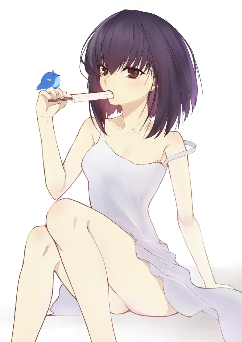 animal bare_shoulders bird bird_on_hand black_eyes black_hair blue_bird commentary_request dress female food food_in_mouth highres holding holding_food invisible_chair kuonji_alice looking_at_viewer lost_robin_rondo mahou_tsukai_no_yoru popsicle popsicle_in_mouth short_hair simple_background sitting sleeveless sleeveless_dress toomishou white_background white_dress