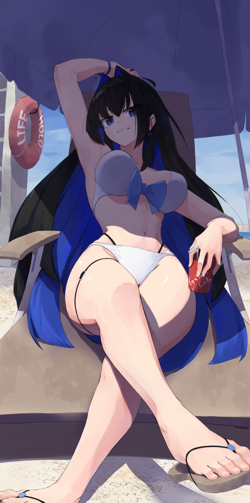 absurdres alternate_costume alternate_hairstyle arm_over_head arm_rest beach beach_umbrella bikini black_hair blue_eyes blue_hair blue_ribbon breasts chair colored_inner_hair drink earrings female flip-flops hair_intakes highres holding holding_drink hololive hololive_english jewelry large_breasts leg_focus lifeguard_tower long_hair lounge_chair multicolored_hair navel ouro_kronii reclining ribbon sandals single_earring swimsuit thigh_strap tsukinaga umbrella very_long_hair virtual_youtuber white_bikini wide_hips