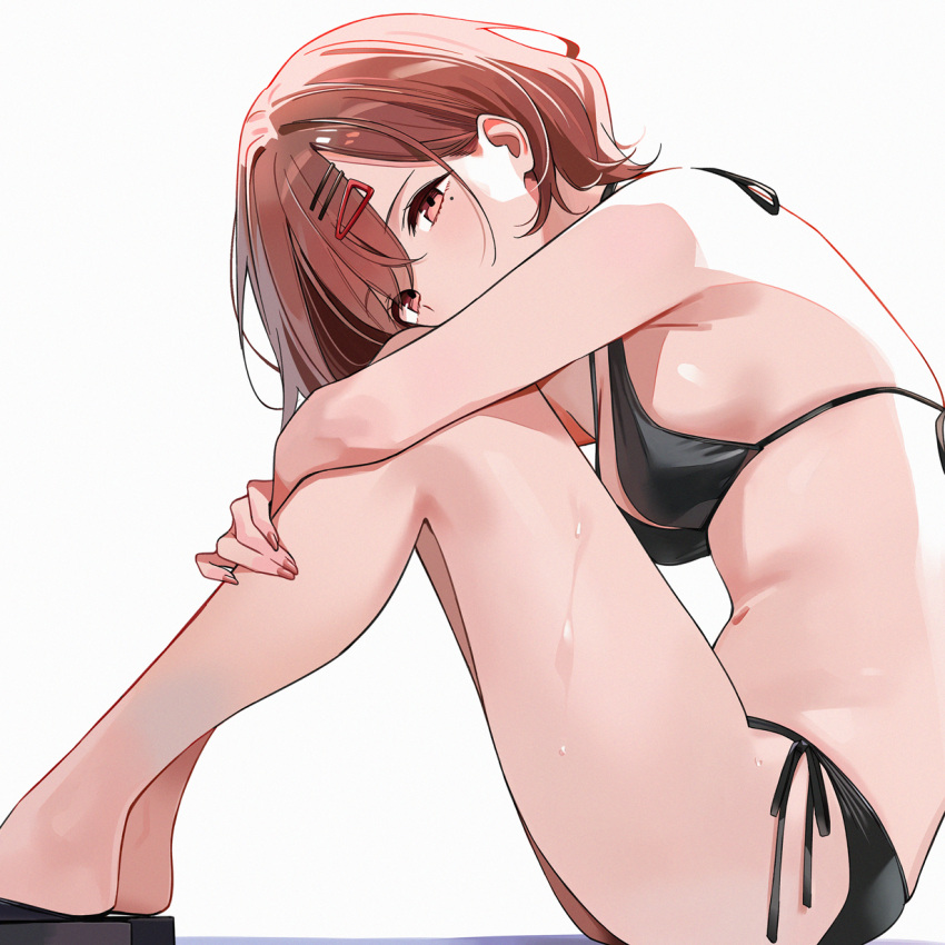 bikini black_bikini breasts brown_hair covered_mouth female highres higuchi_madoka hugging_own_legs idolmaster idolmaster_shiny_colors kinjin knees_up looking_at_viewer looking_to_the_side medium_breasts mole mole_under_eye navel sandals side-tie_bikini_bottom simple_background sitting solo stomach sweat swimsuit white_background