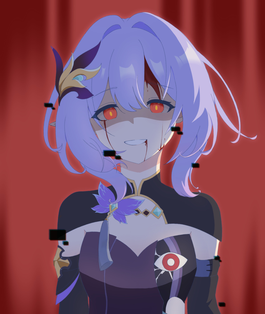 blood blood_from_eyes blood_from_mouth blood_on_face blue_hair blue_shirt breasts cleavage detached_sleeves elf elysia_(honkai_impact) eye_print female glitch hair_ornament herrscher_of_corruption highres honkai_(series) honkai_impact_3rd orange_eyes pointy_ears red_curtains shirt short_hair smile solo upper_body xinjinjumin8342441 yellow_pupils