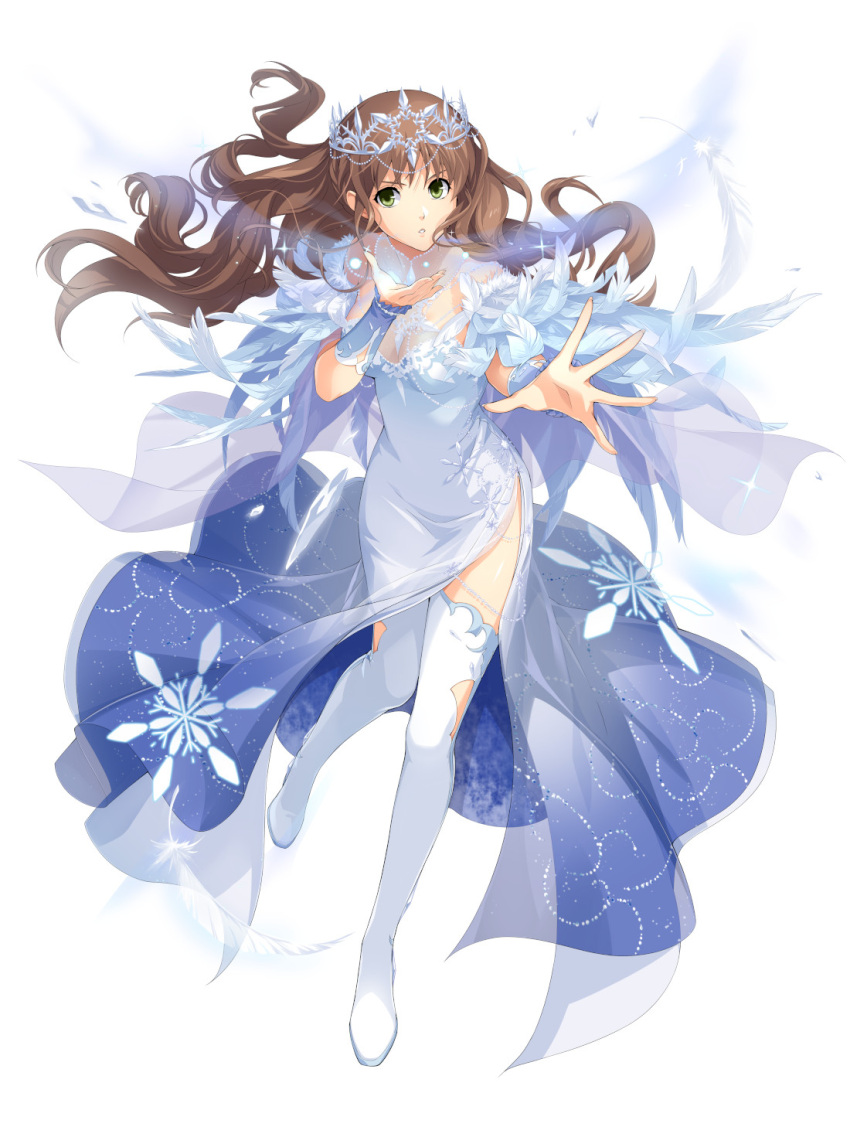 akatsuki_no_kiseki arm_warmers brown_hair diadem dress duvalie eiyuu_densetsu female floating_hair full_body green_eyes hair_down highres long_hair looking_at_viewer official_art outstretched_arm parted_lips sen_no_kiseki_(series) sen_no_kiseki_i side_slit simple_background solo thighhighs torn_clothes torn_thighhighs very_long_hair white_background white_dress white_thighhighs