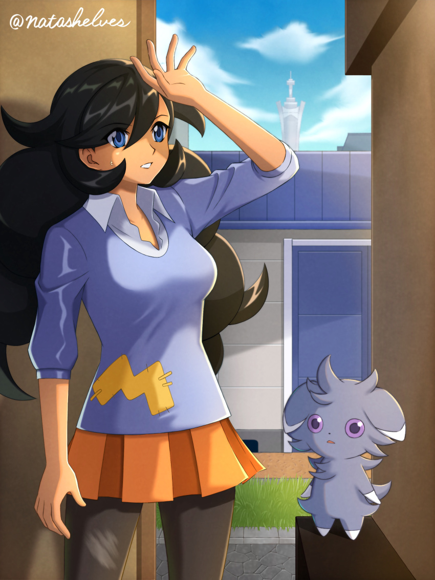 absurdres arm_up black_hair blue_eyes blue_sweater breasts building cloud collared_shirt day emma_(pokemon) espurr female grass highres long_hair mixed-language_commentary outdoors pantyhose pleated_skirt pokemon pokemon_(creature) pokemon_xy sherufu_(natashelves) shirt skirt sky sleeves_past_elbows sweatdrop sweater teeth