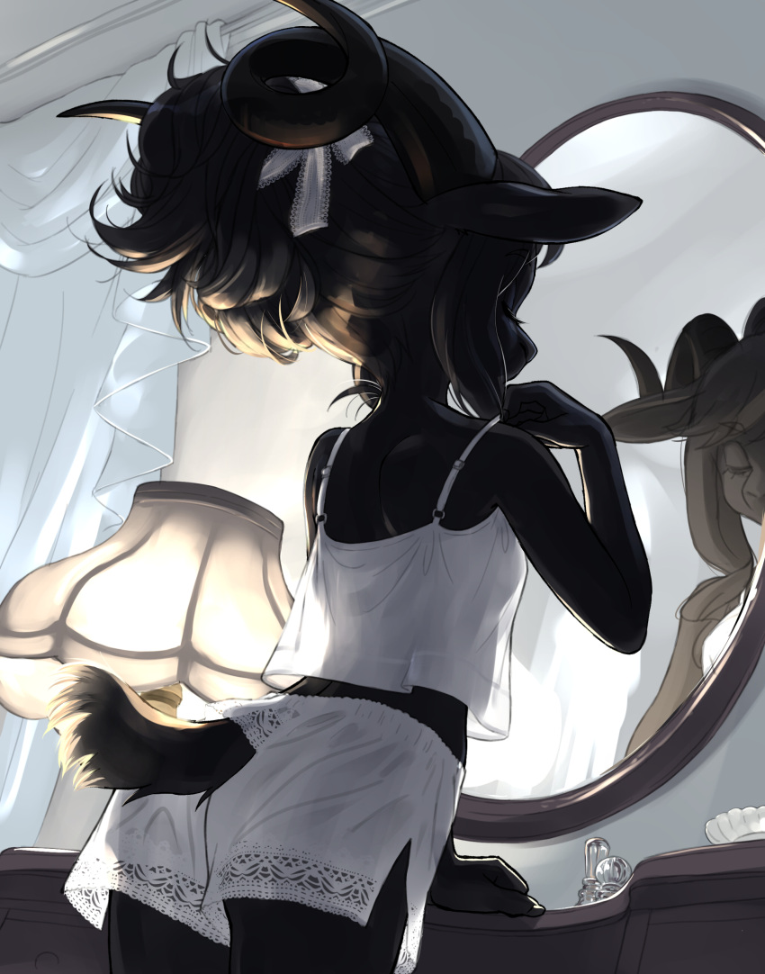 2024 anthro ass bedroom black_body black_fur black_hair bovid breasts caprine closed_eyes clothed clothing curled_horn digital_media_(artwork) female female_anthro fur furgonomics goat hair hi_res horn kemono kikurage lingerie mammal mirror reflection small_breasts solo tail translucent translucent_clothing