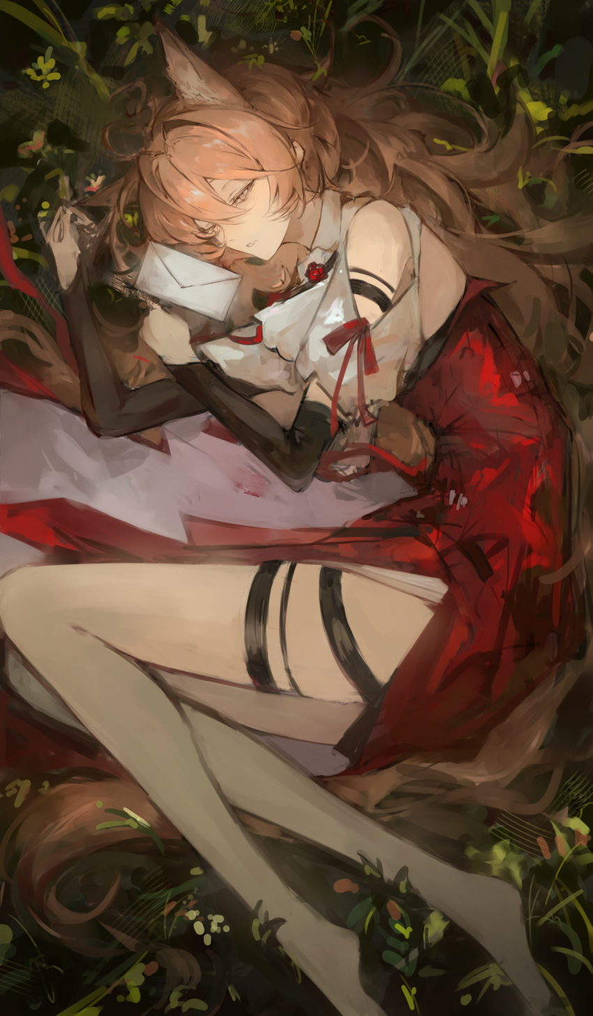 animal_ear_fluff animal_ears arknights barefoot black_gloves clothing_cutout detached_sleeves envelope female gloves hair_intakes high-waist_skirt highres lch long_hair lying on_side pink_eyes pink_hair pozyomka_(arknights) red_ribbon red_skirt ribbon shoulder_cutout skirt tail thigh_strap wolf_ears wolf_girl wolf_tail