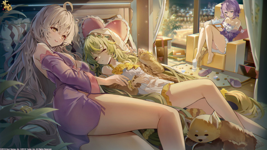 3girls absurdres ahoge auro_drm bare_legs barefoot bedroom blonde_hair breasts brown_eyes choker cleavage collarbone detached_sleeves dress grey_hair heart heart-shaped_pillow highres indoors kitami_sawako large_breasts long_hair long_sleeves lying mahjong_soul multiple_girls nanami_reina nightgown on_back on_side pillow purple_choker purple_dress purple_hair purple_ribbon purple_sleeves reading ribbon short_dress side_ponytail sitting sleeping sleeveless sleeveless_dress sparkle strap_slip very_long_hair white_dress yuzu_(mahjong_soul)