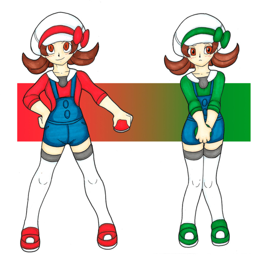 5_fingers blush bow_ribbon brown_hair clothed clothing doppleganger duo female fingers footwear front_view frown green_background green_bow hair hand_on_hip hat headgear headwear human ivanks knee_highs legwear looking_at_viewer looking_away lyra_(pokemon) mammal medium_hair nintendo overalls pokeball pokemon pupils red_background red_eyes red_ribbon shoes simple_background slit_pupils smile standing white_background white_body white_skin