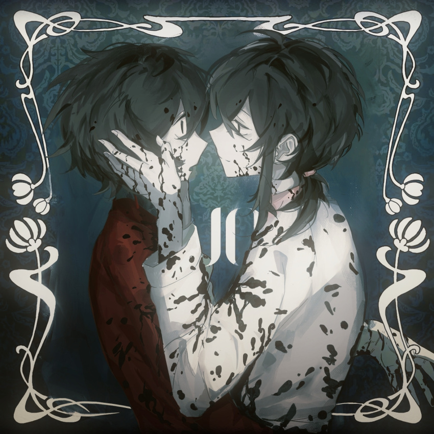 2boys black_eyes black_hair blood blood_in_hair blood_on_clothes blood_on_face blood_on_hands closed_mouth colored_skin from_behind hands_on_another's_cheeks hands_on_another's_face highres jacket li_yuting_(male) long_sleeves loveit?_(biz) low_ponytail male_focus mo_chengwei multiple_boys ni_baibai open_mouth parody pink_shirt red_shirt shirt smile touqi_guaitan upper_body white_jacket white_skin