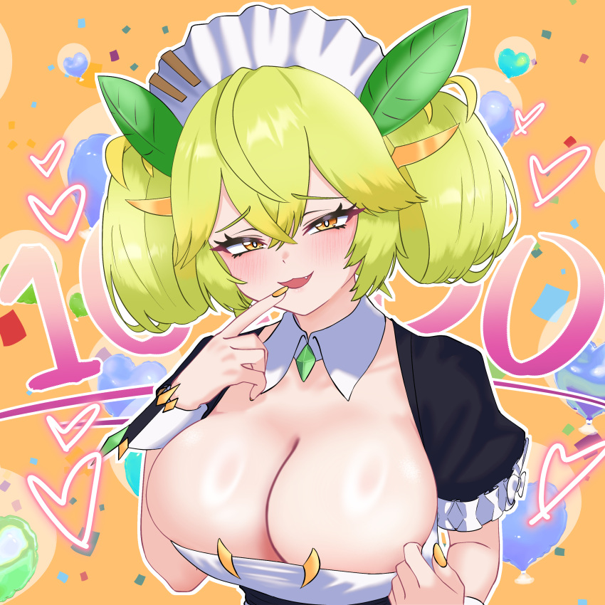 absurdres black_dress blush breasts cleavage clothes_pull detached_collar dress duel_monster female green_hair highres large_breasts looking_at_viewer maid maid_headdress milestone_celebration oldsickkim parlor_dragonmaid smug upper_body yellow_eyes yu-gi-oh!