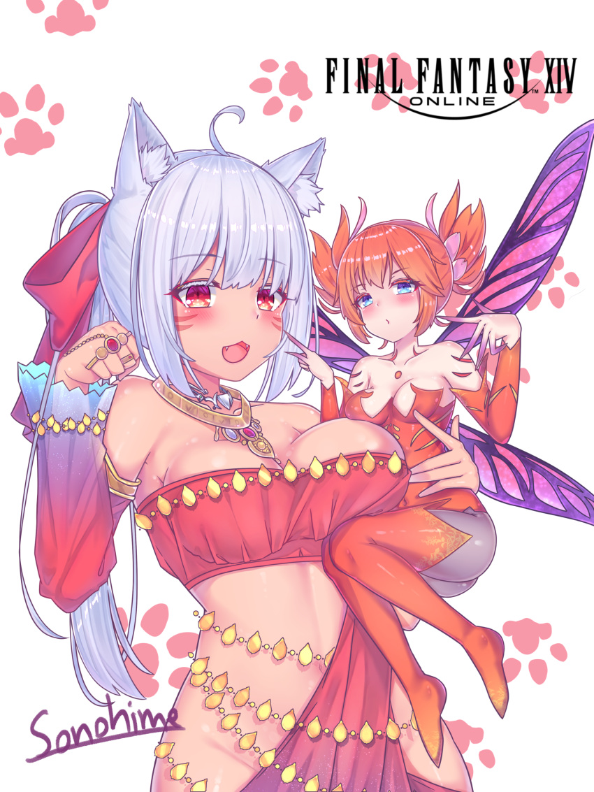 2girls :3 absurdres ahoge animal_ear_fluff animal_ears asymmetrical_docking bandeau belly_chain breast_press breasts cat_ears cheek_poking dancer_(final_fantasy) detached_sleeves facial_mark fairy fairy_wings feo_ul final_fantasy final_fantasy_xiv fingernails grey_hair highres jewelry jingji large_breasts long_fingernails miqo'te multiple_girls multiple_rings necklace oerba_yun_fang paw_pose poking ponytail ring sash twintails upper_body warrior_of_light_(ff14) whisker_markings wings