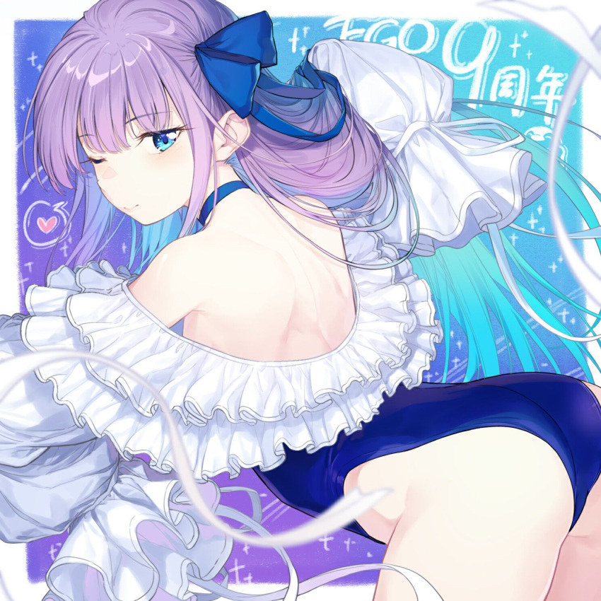 ass bare_shoulders blue_eyes blue_ribbon blush breasts choker coffeekite fate/grand_order fate_(series) female frills hair_ribbon highleg highleg_one-piece_swimsuit highres long_hair long_sleeves looking_at_viewer looking_back meltryllis_(fate) meltryllis_(swimsuit_lancer)_(fate) meltryllis_(swimsuit_lancer)_(second_ascension)_(fate) off-shoulder_one-piece_swimsuit off_shoulder one-piece_swimsuit one_eye_closed puffy_sleeves purple_hair ribbon sleeves_past_fingers sleeves_past_wrists small_breasts solo swimsuit very_long_hair white_ribbon