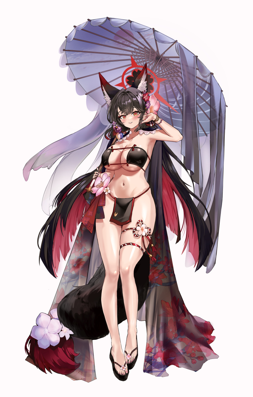 absurdres alternate_costume animal_ears bikini black_bikini black_hair black_halo blue_archive blush breasts delfin59 eyeshadow female flower flower_thigh_strap fox_ears fox_girl fox_print fox_tail full_body gradient_tail grin hair_between_eyes hair_flower hair_ornament halo hand_on_own_cheek hand_on_own_face hand_up heart heart-shaped_pupils highres hip_focus holding holding_umbrella large_breasts long_hair looking_at_viewer makeup multicolored_hair multicolored_halo nail_polish navel parasol pelvic_curtain pink_flower pink_nails purple_flower red_eyeshadow red_flower red_hair red_halo sandals smile solo standing swimsuit symbol-shaped_pupils tail thigh_strap thighs two-tone_hair two-tone_halo umbrella very_long_hair wakamo_(blue_archive) yellow_eyes