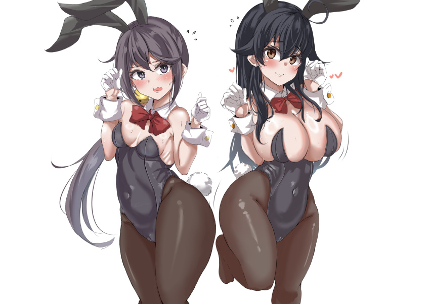 2girls akebono_(kancolle) animal_ears black_hair black_leotard black_pantyhose bow bowtie breasts cameltoe cleavage cleft_of_venus detached_collar feet_out_of_frame gloves grey_eyes grey_hair highres kantai_collection large_breasts leotard multiple_girls pantyhose playboy_bunny rabbit_ears rabbit_pose rabbit_tail red_bow red_bowtie sakura_ab simple_background small_breasts standing standing_on_one_leg strapless strapless_leotard tail ushio_(kancolle) white_background white_gloves wrist_cuffs