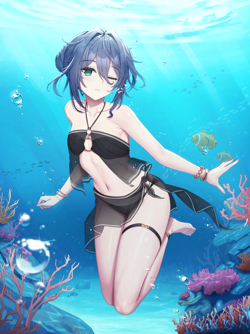 anklet bangle bare_legs bare_shoulders barefoot bikini black_bikini blue_hair bracelet breasts closed_mouth closers collarbone coral eunha_(closers) female fish freediving green_eyes hair_between_eyes hair_bun halterneck highres jewelry light_rays long_hair looking_at_viewer navel non-web_source o-ring o-ring_bikini o-ring_top official_art one_eye_closed sarong see-through small_breasts solo stomach string_bikini sunlight swimsuit thigh_strap thighs underwater water