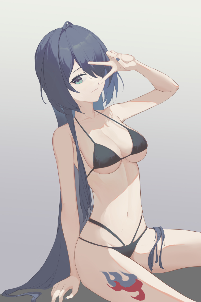 absurdres acheron_(honkai:_star_rail) alternate_color alternate_costume aqua_eyes bikini black_bikini breasts celaray collarbone commentary female grey_background guantoumao-0 hair_intakes hair_over_one_eye highres honkai:_star_rail honkai_(series) knees_out_of_frame leg_tattoo light_smile long_hair looking_at_viewer medium_breasts navel purple_hair purple_nails sitting solo stomach swimsuit tattoo v