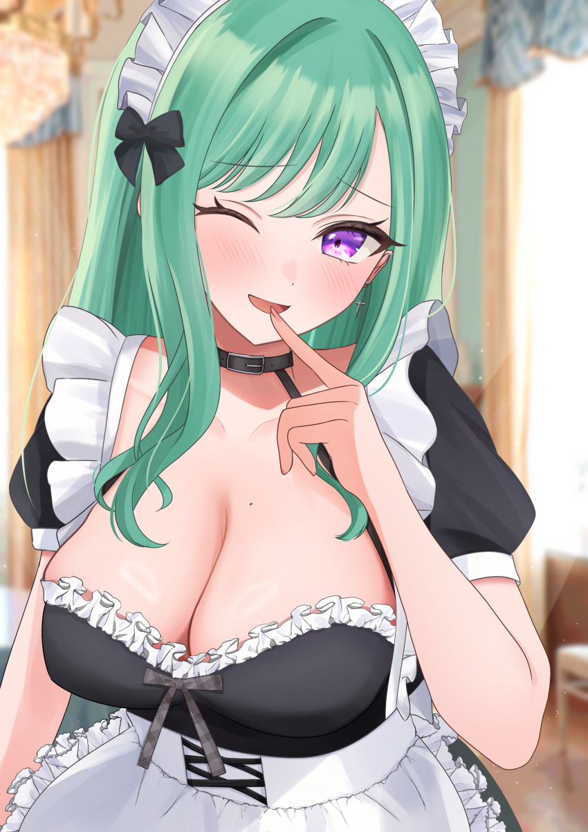 ;) absurdres alternate_costume apron black_bow black_collar black_dress blush bow breasts cleavage collar commentary cross cross_earrings dress earrings enmaided female finger_to_mouth frilled_apron frilled_dress frills green_hair grey_bow hairbow highres index_finger_raised indoors jewelry large_breasts long_hair looking_at_viewer maid maid_headdress mole mole_on_breast one_eye_closed open_mouth pink_nails puffy_short_sleeves puffy_sleeves purple_eyes short_sleeves smile solo swept_bangs virtual_youtuber vspo! waist_apron white_apron yakumo_beni ysnhryk