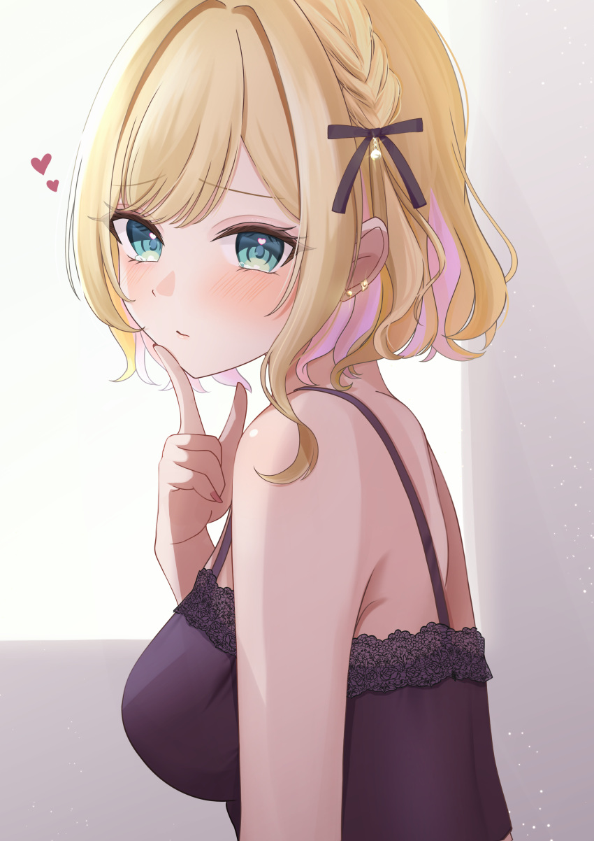 absurdres bare_shoulders black_camisole black_ribbon blonde_hair blue_eyes blush braid breasts camisole colored_inner_hair commentary earclip earrings female finger_to_cheek french_braid hair_ribbon heart heart_in_eye highres index_finger_raised jewelry kurumi_noah lace-trimmed_camisole lace_trim looking_at_viewer medium_breasts multicolored_hair pink_hair pink_nails ribbon short_hair solo stud_earrings sweatdrop symbol_in_eye tearing_up upper_body virtual_youtuber vspo! wavy_hair ysnhryk