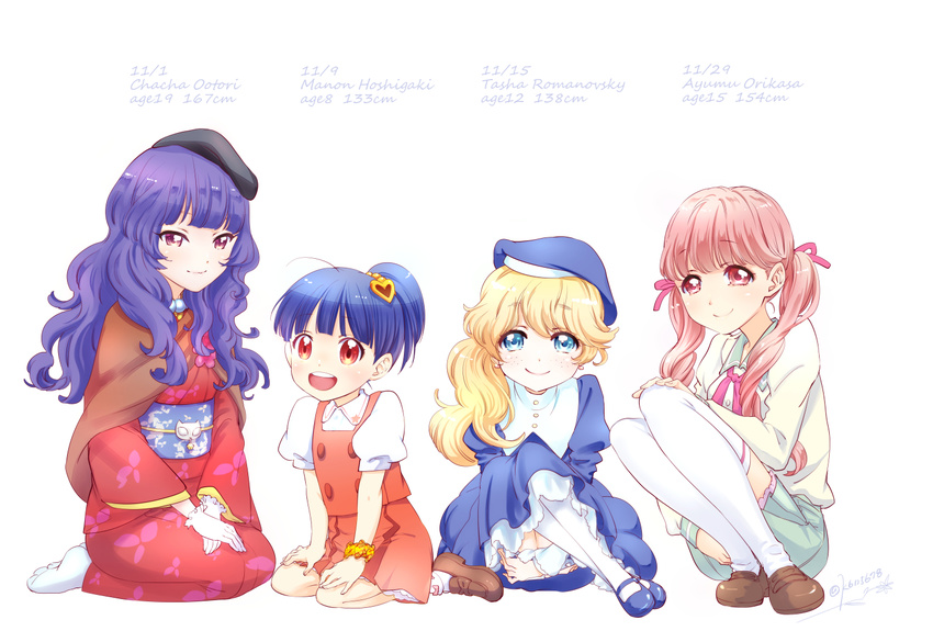 4girls blonde_hair blue_eyes blue_hair blunt_bangs blush character_name commentary_request dated dress earrings freckles gloves hair_ribbon happy_birthday hat hoshigaki_manon japanese_clothes jewelry long_hair long_sleeves looking_at_viewer matatabi_kikuno multiple_girls ootori_chacha open_mouth orikasa_ayumu pink_eyes pink_hair ponytail purple_hair red_eyes ribbon school_uniform seiza side_ponytail sitting skirt smile tabi tasha_romanovsky thighhighs tokyo_7th_sisters twintails wavy_hair white_legwear