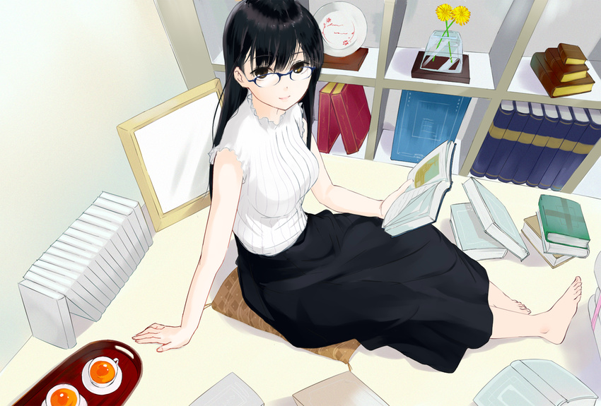 bare_arms bare_shoulders barefoot biblia_koshodou_no_jikentechou black_hair black_skirt book brown_eyes casual commentary_request cup feet female full_body glasses indoors lips long_hair looking_at_viewer mokkei shinokawa_shioriko shirt sitting skirt sleeveless sleeveless_shirt smile solo tea teacup white_shirt