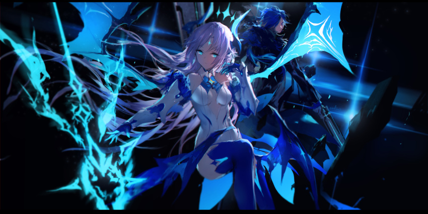 1boy absurdres arm_guards artist_name bare_shoulders black_coat blue_eyes blue_fire blue_gloves blue_horns blue_thighhighs blue_wings breasts breasts_apart center_frills chevalier_(elsword) chinese_commentary ciel_(elsword) closed_mouth coat commentary dark_background dress elsword female fire forehead_jewel frills fur_collar gloves hair_over_one_eye head_tilt highres holding holding_weapon horns ishtar_(elsword) legs_up lens_flare long_hair long_sleeves looking_at_viewer looking_back low_wings luciela_r._sourcream medium_breasts outstretched_arm parted_bangs photoshop_(medium) pointy_ears pyrokinesis signature swd3e2 thighhighs weapon white_dress white_hair wings