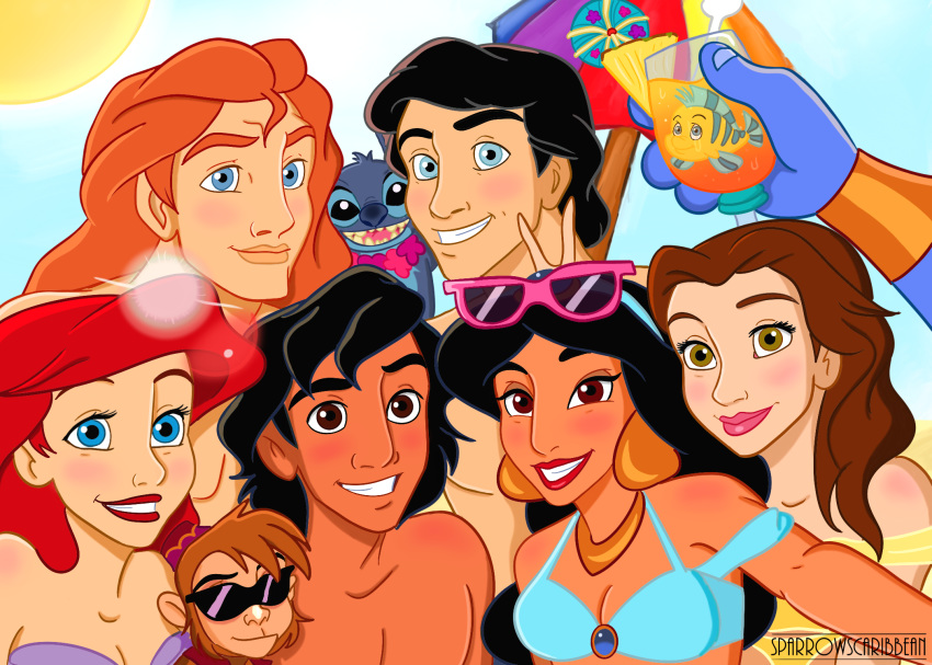 2018 4_fingers abu_(aladdin) aladdin_(disney) alien ariel_(disney) beach beauty_and_the_beast belle_(beauty_and_the_beast) beverage bikini black_eyes black_hair blue_body blue_eyes blue_fur blue_nose blue_skin blush brown_body brown_eyes brown_fur brown_hair bunny_ears_(gesture) clothed clothing cocktail_garnish cocktail_umbrella crossover digital_drawing_(artwork) digital_media_(artwork) disembodied_hand disney disney's_aladdin disney_princess experiment_(lilo_and_stitch) eyelashes eyewear eyewear_on_head female feral fez fingers fish floral flounder_(disney) flower flower_garland food fruit fur garland genie genie_(disney) gesture group hair haplorhine hat head_tuft headgear headwear hi_res holding_glass holding_object human human_focus jewelry large_group lei lens_flare lilo_and_stitch long_hair looking_at_viewer male mammal marine monkey necklace not_furry_focus on_model open_mouth open_smile orange_hair parasol photobomb pineapple plant primate prince_eric_(disney) princess_jasmine_(disney) red_hair seaside selfie smile sparrowscaribbean stitch_(lilo_and_stitch) summer sun sunglasses sunglasses_on_head swimwear the_little_mermaid_(1989) topless tuft yellow_body