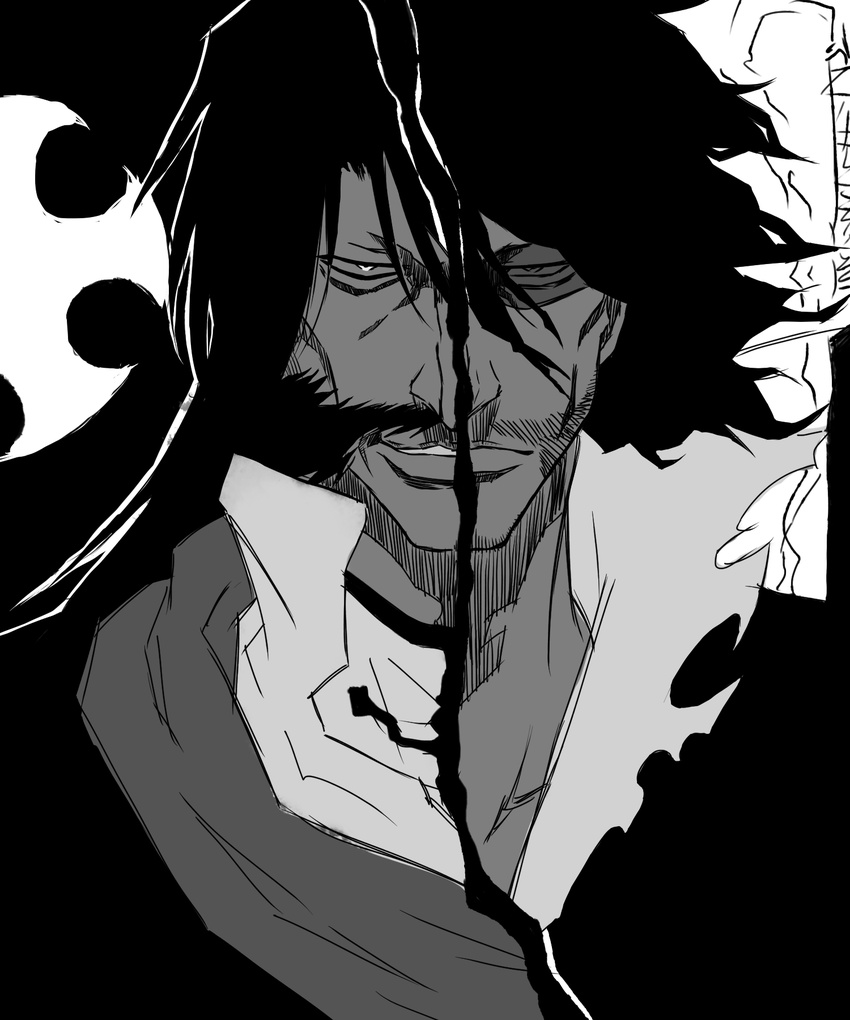 1boy bad_id bad_pixiv_id beard bleach bleach:_sennen_kessen-hen chongzi0807 dual_persona facial_hair greyscale highres long_hair male_focus military military_uniform monochrome moustache mutton_chops personification smile spoilers stubble sunglasses uniform wandenreich yhwach zangetsu_(bleach)