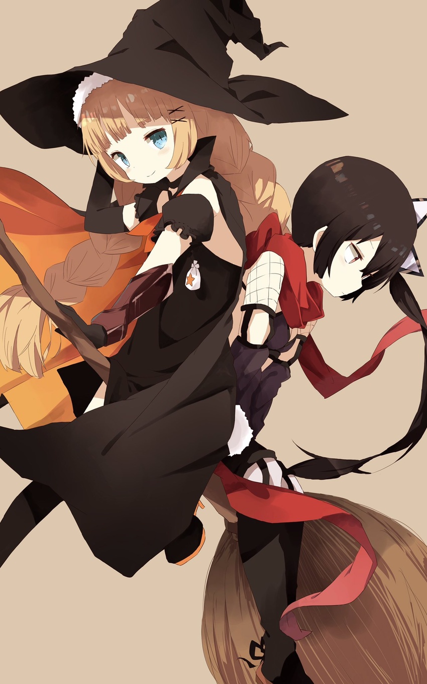 2girls black_cape black_dress black_footwear black_gloves black_hair black_hat blonde_hair blue_eyes blunt_bangs boots braid broom broom_riding brown_background cape closed_mouth commentary_request detached_sleeves dress elbow_gloves gloves hair_ornament hat highres knee_boots long_hair looking_at_viewer low_twintails mabuta_(byc0yqf4mabye5z) mahou_shoujo_ikusei_keikaku mahou_shoujo_ikusei_keikaku_unmarked multiple_girls multiple_riders ninja puffy_short_sleeves puffy_sleeves purple_eyes red_scarf ripple_(mahoiku) scarf short_sleeves side_ponytail sidelocks sidesaddle simple_background single_elbow_glove single_glove sleeveless sleeveless_dress smile top_speed twin_braids twintails very_long_hair witch_hat x_hair_ornament