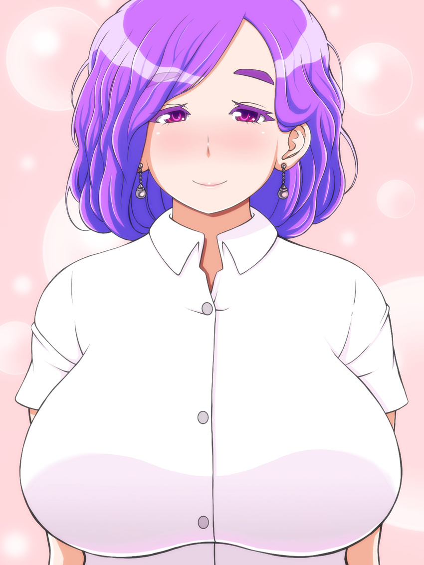 banefan breasts earrings female female gradient_hair highres huge_breasts jewelry milf minagawa_yuna multicolored_hair original purple_eyes purple_hair shirt short_hair solo upper_body