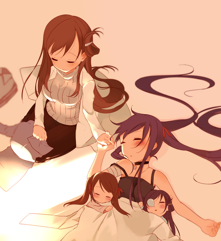 4girls brown_hair choker closed_eyes commentary_request couple ebisuzawa_kurumi family folded_hair gakkou_gurashi! hair_ornament hairclip harino_(harinosakippo) highres holding_hands if_they_mated ips_cells lolicon long_hair lying mole mole_under_mouth mother_and_daughter multiple_girls purple_hair sleeping turtleneck twintails wakasa_yuuri yuri