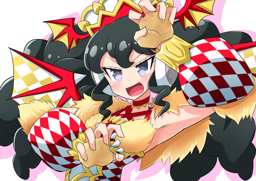 armpits arms_up bangs big_hair black_hair blush brown_gloves choker claw_pose crown demon_wings detached_sleeves eyebrows_visible_through_hair fangs fingerless_gloves garuru_(pripara) gloves grey_eyes happy hat_wings headphones highres idol_time_pripara long_hair mikomo open_mouth paw_gloves paws pripara red_choker shirt simple_background sleeveless sleeveless_shirt smile tied_hair twintails white_background wings