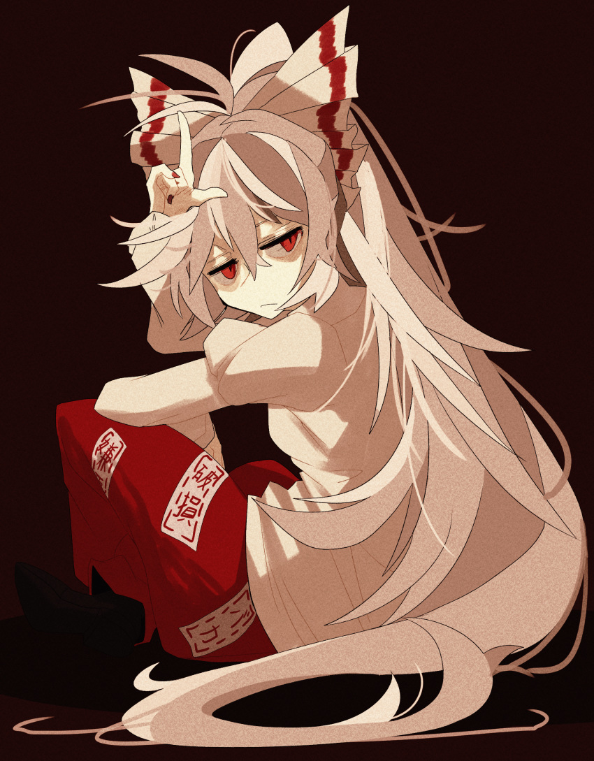 absurdres baggy_pants bow collared_shirt commentary_request female fujiwara_no_mokou grey_hair hair_ribbon hairbow highres long_hair long_sleeves ofuda pants red_eyes red_pants ribbon riko_(rikooh) shirt solo touhou very_long_hair white_hair white_shirt