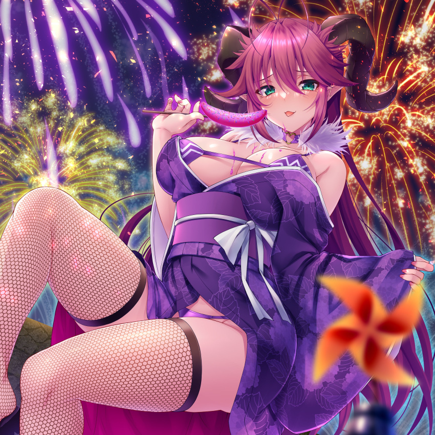 absurdres ahoge asmodeus_(the_seven_deadly_sins) banana bare_shoulders breasts candy candy_bar demon_girl demon_horns emanon123 eyebrows_hidden_by_hair female fireworks fishnet_thighhighs fishnets food fruit green_eyes hair_between_eyes highres holding holding_candy holding_food horns japanese_clothes kimono large_breasts long_hair looking_at_viewer official_art open_mouth purple_hair sitting smile solo summer_festival summer_uniform the_seven_deadly_sins thighhighs yukata