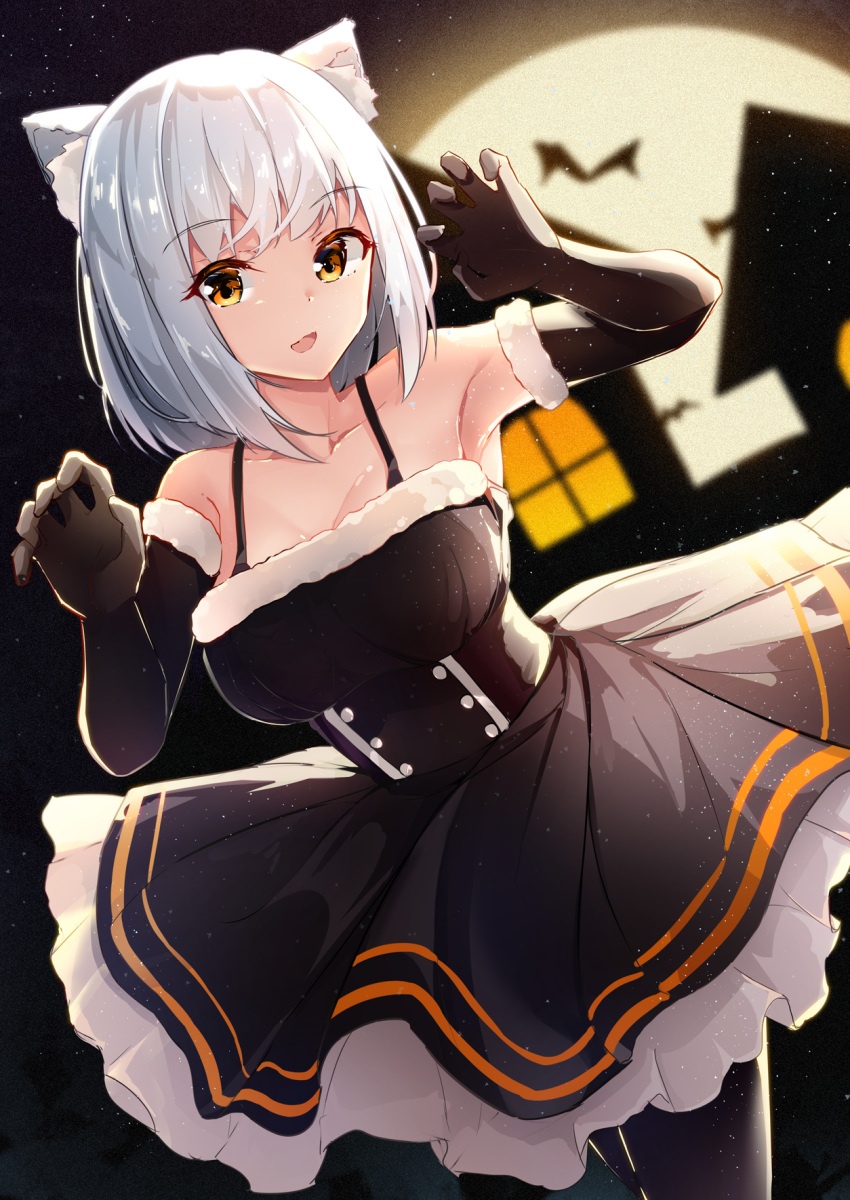 :d animal animal_ear_fluff animal_ears armpits bare_shoulders bat_(animal) black_dress black_gloves black_pantyhose blurry blurry_background blush breasts brown_eyes building cat_ears claw_pose collarbone commentary_request cucchiore depth_of_field dress elbow_gloves female full_moon fur-trimmed_dress fur-trimmed_gloves fur_trim gloves grey_hair halloween highres looking_at_viewer medium_breasts moon oerba_yun_fang open_mouth original pantyhose pleated_dress sleeveless sleeveless_dress smile solo window