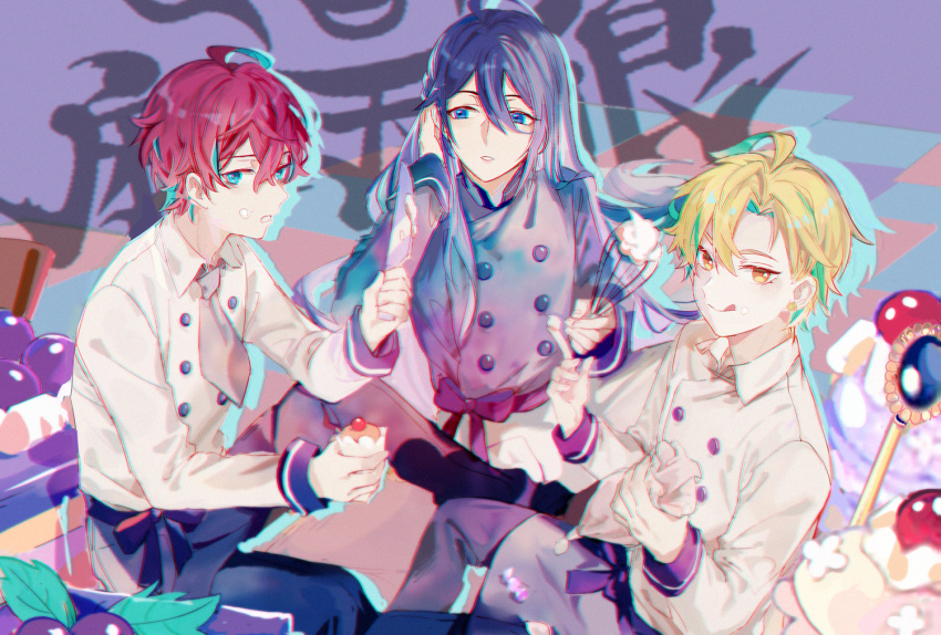 3boys :q adjusting_hair ahoge apron aqua_eyes aqua_hair black_apron black_pants blonde_hair blue_eyes buttons cake cake_slice candy checkered_background commentary cream cream_on_face cupcake earrings feet_out_of_frame food food_on_face green_hair grey_necktie hand_up hitokoto holding holding_food holding_knife holding_whisk hypnosis_mic izanami_hifumi jewelry jinguji_jakurai kannonzaka_doppo knife long_hair looking_at_another male_focus matenro_(hypnosis_mic) multicolored_hair multiple_boys necktie pants parted_bangs parted_lips pastry_bag purple_apron purple_background purple_hair purple_shirt purple_theme red_hair shirt short_hair sitting streaked_hair surprised tongue tongue_out very_long_hair waist_apron whisk white_pants white_shirt yellow_eyes