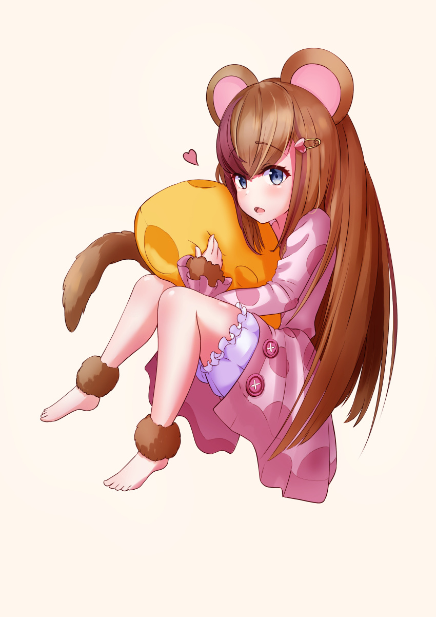 absurdres animal_ears bell_orgel blue_eyes blush brown_hair commentary dormouse_(monster_girl_encyclopedia) female full_body fur hair_ornament hairclip heart highres hugging_object long_sleeves looking_at_viewer monster_girl monster_girl_encyclopedia mouse_ears mouse_girl mouse_tail open_mouth pajamas pillow pillow_hug simple_background solo tail