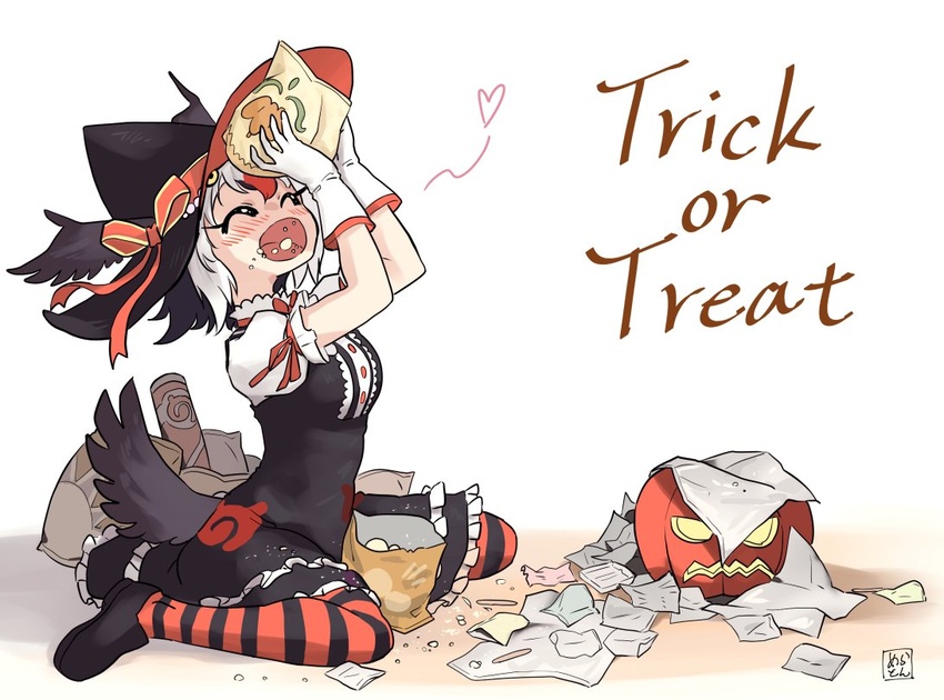 alternate_costume atlantic_puffin_(kemono_friends) bird_tail bird_wings black_dress black_thighhighs blush bow bowtie chips_(food) closed_eyes commentary_request dress eating female food frilled_dress frills gloves halloween halloween_costume hat hat_bow head_wings jack-o'-lantern japari_symbol kemono_friends kemono_friends_3 melaton open_mouth orange_bow orange_bowtie orange_thighhighs potato_chips puffy_short_sleeves puffy_sleeves shirt short_sleeves sitting solo striped_clothes striped_thighhighs tail thighhighs trick_or_treat wariza white_gloves white_shirt wings witch witch_hat