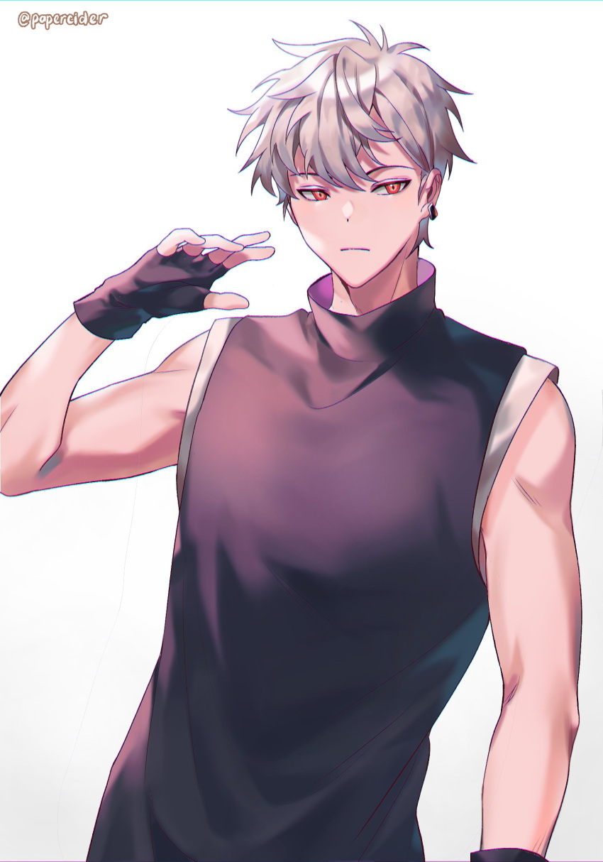 1boy alliance_(team) black_gloves black_shirt commentary earrings english_commentary fingerless_gloves frown gloves grey_hair hair_behind_ear highres ipn jewelry male_focus open_hand orange_eyes papercider shirt sleeveless sleeveless_shirt solo twitter_username