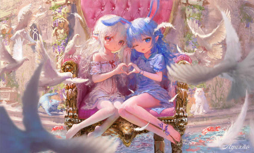 2girls animal_ears armchair ayaxno barefoot bird blue_cat blue_dress blue_eyes blue_hair bow braid buttons chair chinese_commentary commentary_request dress dress_bow feathers feline grey_hair hair_between_eyes heart heart_hands heart_hands_duo highres holding_hands lolicon multiple_girls no_shoes one_eye_closed original pantyhose pointy_ears rabbit_ears red_bow red_eyes ribbon scenery short_sleeves toes white_bird white_cat white_dress white_hair white_pantyhose wrist_ribbon