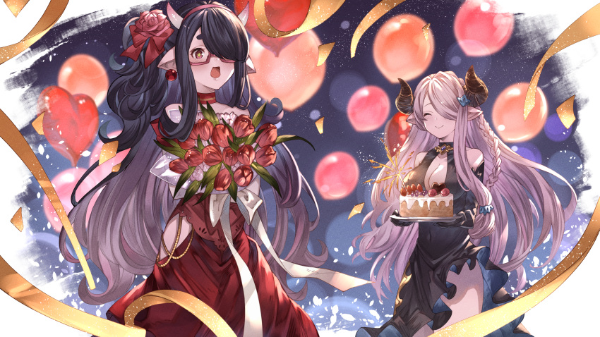 2girls ^_^ ayacho balloon birthday_cake black_dress black_gloves black_hair blush bouquet braid breasts cake cleavage closed_eyes colored_inner_hair commission curled_horns draph dress elbow_gloves flower food gloves granblue_fantasy grey_hair hair_flower hair_ornament hair_over_one_eye heart_balloon highres holding holding_bouquet holding_tray horns long_hair multicolored_hair multiple_girls narmaya_(granblue_fantasy) original pointy_ears purple_hair red-framed_eyewear red_dress red_flower ribbon semi-rimless_eyewear skeb_commission tray very_long_hair yellow_ribbon