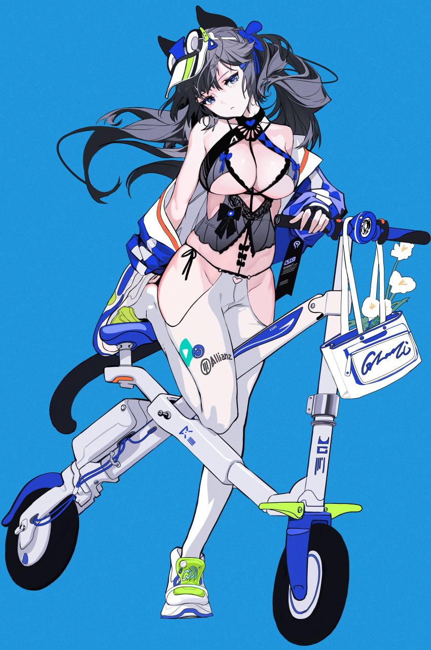 absurdres allianz bicycle black_hair blue_background blue_eyes breasts cleavage closed_mouth clothing_cutout commentary female flower folding_bicycle full_body grandia_lee groin head_tilt highres jacket large_breasts looking_at_viewer off_shoulder open_clothes open_jacket original pantyhose revealing_clothes shoes simple_background sneakers solo symbol-only_commentary thigh_cutout visor_cap white_flower white_pantyhose