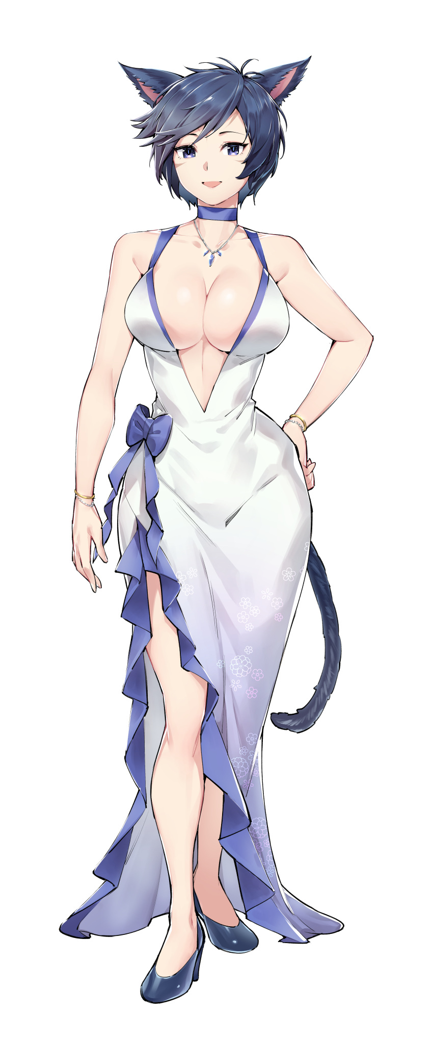 absurdres animal_ears blue_bow blue_choker blue_footwear blue_hair bow bracelet breasts cat_ears cat_tail choker cleavage collarbone commission dress dress_bow female final_fantasy final_fantasy_xiv floral_print ge-b hand_on_own_hip highres jewelry large_breasts miqo'te necklace parted_lips plunging_neckline purple_eyes second-party_source short_hair side_slit simple_background solo standing straight-on tail transparent_background warrior_of_light_(ff14) white_dress