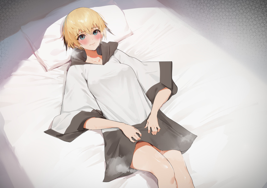 bed bed_sheet black_shirt blinkblink_art blonde_hair blush blush_stickers breasts commentary fate/grand_order fate_(series) female gareth_(fate) gareth_(swimsuit_saber)_(fate) gareth_(swimsuit_saber)_(first_ascension)_(fate) green_eyes hair_flaps highres hood hoodie large_breasts looking_at_viewer lying on_back pillow shirt short_hair short_sleeves solo thighs two-tone_shirt white_shirt