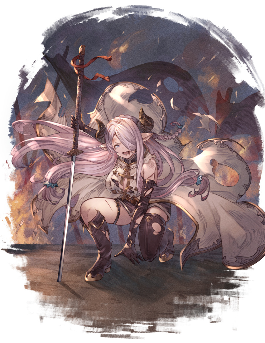 asymmetrical_gloves ayacho braid breasts commission demon_horns draph female gloves granblue_fantasy granblue_fantasy_(style) granblue_fantasy_versus hair_over_one_eye highres horns katana large_breasts narmaya_(granblue_fantasy) planted planted_sword pointy_ears single_braid single_thighhigh skeb_commission sword thigh_strap thighhighs uneven_gloves weapon