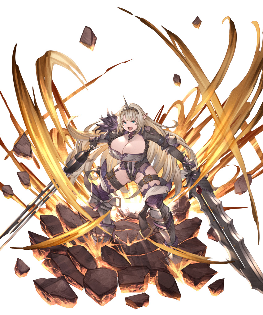 absurdres arm_armor asymmetrical_dual_wielding ayacho belt belt_buckle blonde_hair breasts broken_ground buckle commission dual_wielding female fighting_stance garter_straps groin hairband highres holding holding_sword holding_weapon huge_breasts lace_trim leg_armor long_hair looking_at_viewer lower_teeth_only open_mouth pointy_ears skeb_commission solo spiked_hairband spikes sword teeth thigh_belt thigh_strap very_long_hair weapon