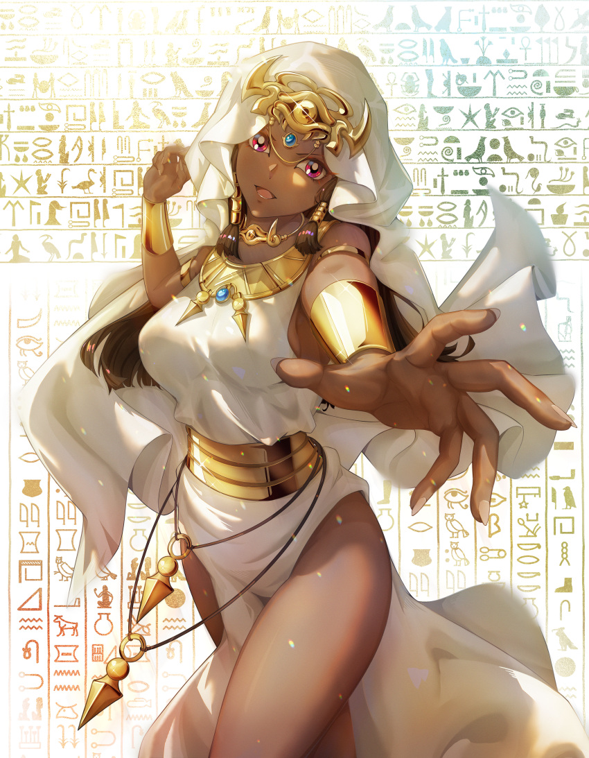 absurdres bare_shoulders breasts bright_pupils brown_hair chinese_commentary curled_fingers dark-skinned_female dark_skin dot_nose dress duel_monster egyptian eye_of_horus female gold_armlet hair_tubes hand_up hieroglyphics highres isis_ishtar jewelry long_hair looking_at_viewer lower_teeth_only medium_breasts millennium_necklace open_mouth red_eyes shadow solo sparkle teeth thighs tostarin white_dress yu-gi-oh! yu-gi-oh!_duel_monsters